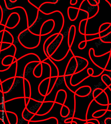 Abstract doodle drawing with red lines on a black background.Seamless pattern.