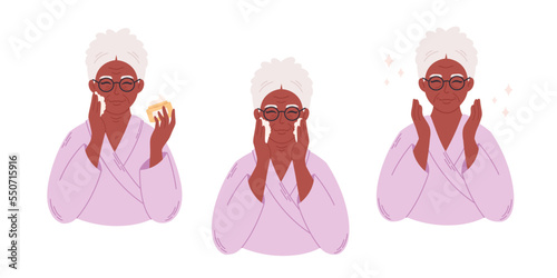 Senior black woman applying organic cosmetic cream on face. Facial skin care, treatment for wrinkles, eyebags. Beauty procedures, anti age procedures. Hand drawn vector illustration