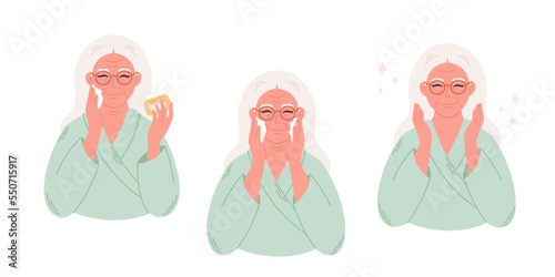 Senior woman applying organic cosmetic cream on face. Facial skin care, treatment for wrinkles, eyebags. Beauty procedures, anti age procedures. Hand drawn vector illustration