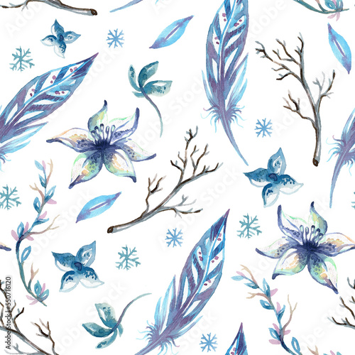 Seamless pattern watercolor different blue plants and feathers