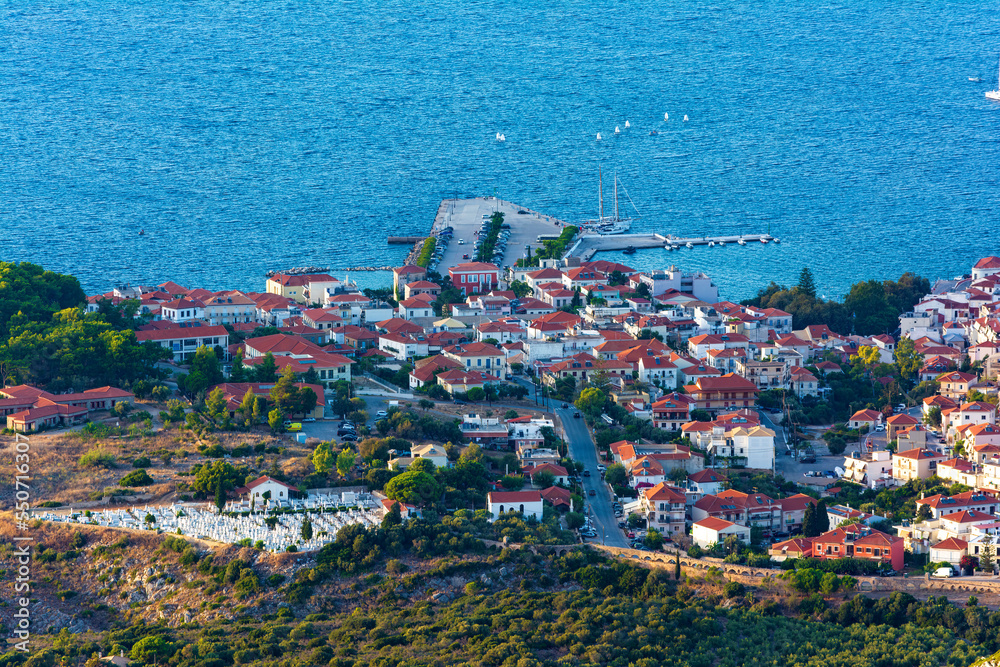 Top view of the iconic and picturesque town of Pylos, Messinia prefecture, Peloponnese, Greece