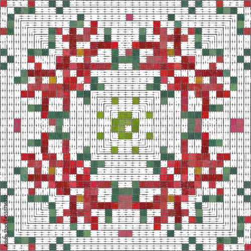 Seamless Christmas poinsettia cross stitch pattern. Decorative ornament in seasonal red for embroidered December holiday background. Winter botanical vintage scandi repeat tile. 