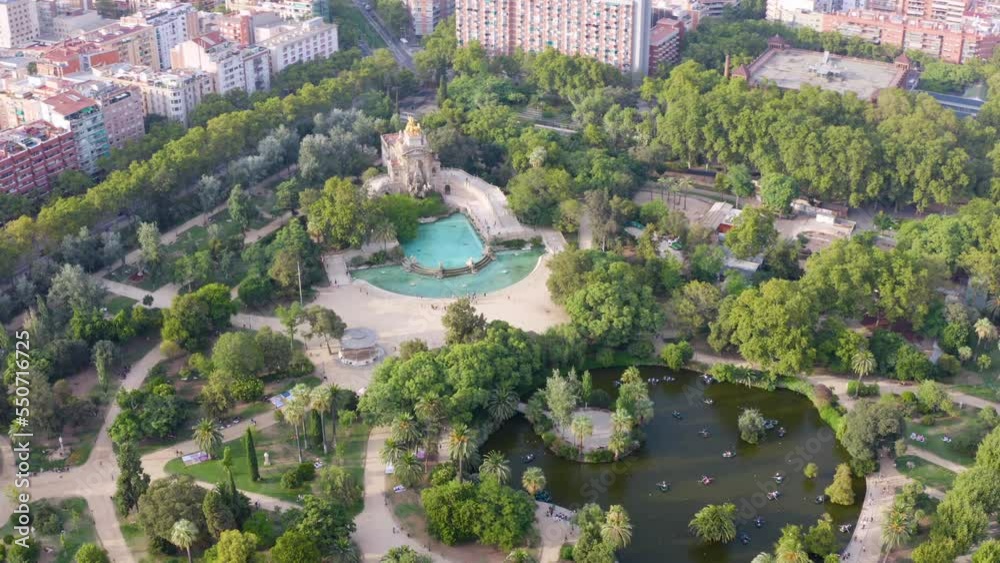 beautiful circular drone flight gives a total overview of the parque de la ciudadela in the city of Barcelona.