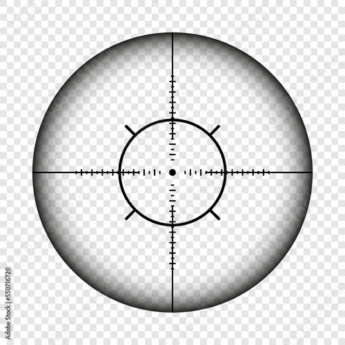 Weapon sight, sniper rifle optical scope. Hunting gun viewfinder with crosshair. Aim, shooting mark symbol. Military target sign, silhouette. Game interface UI element. Vector illustration
