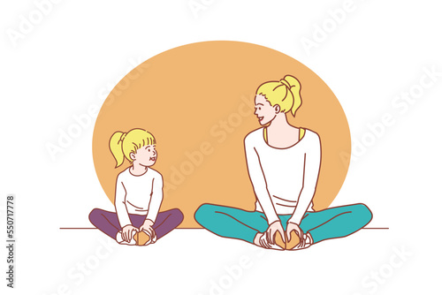 mother and daughter exercising together at home happily happy family. mother's day holiday concept flat cartoon vector design.