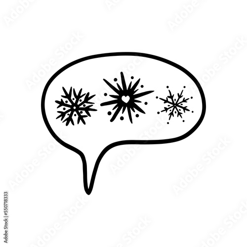 Trendy thought bubble in doodle style with snowflakes inside. Christmas is coming soon. Cloud line art. Vector illustration