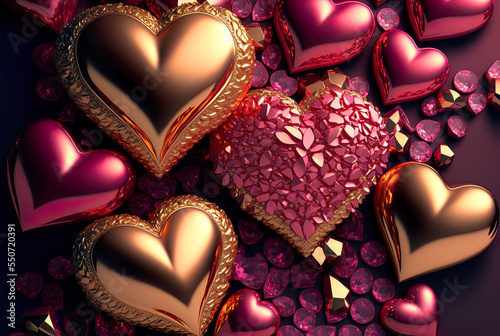 Heart shaped precious stones and gold hearts, Valentine, Happy Valentine, wedding, fiancée, romance, love, passion, illustration, digital