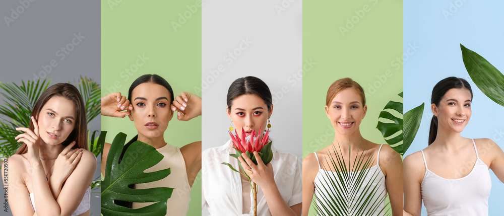 Φωτογραφία Collage of beautiful young women with tropical leaves and flower on color backgr