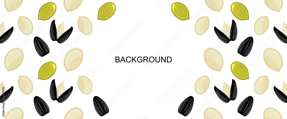 Fototapeta premium Pumpkin seeds and sunflower seeds with copy space. sunflower seeds and Pumpkin seeds background. colored flat illustration on white. Vector eps10