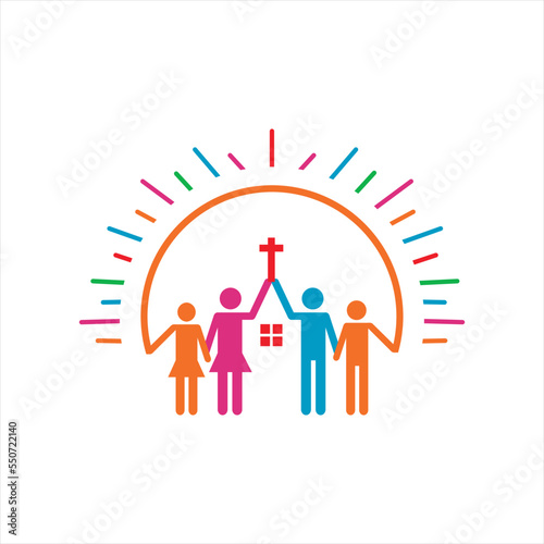 Christian family illustration design with rainbow and sunrise.