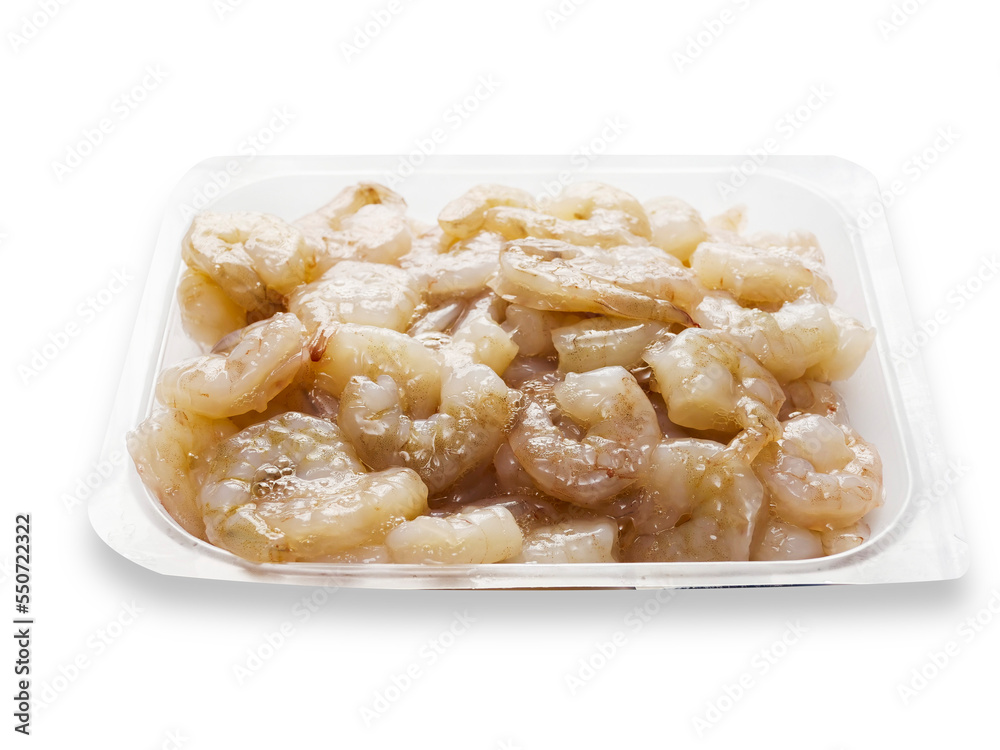 Fresh uncooked prawn or shrimp on plastic tray, white background. Premium high quality seafood product.