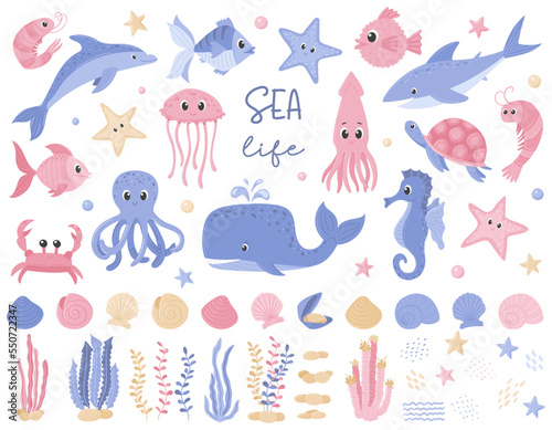 A set of cute cartoon fish. Whale, octopus, squid, turtle, shrimp. Collection of funny sea animals, algae, plants, rocks. Flat vector illustrations isolated on a white background.