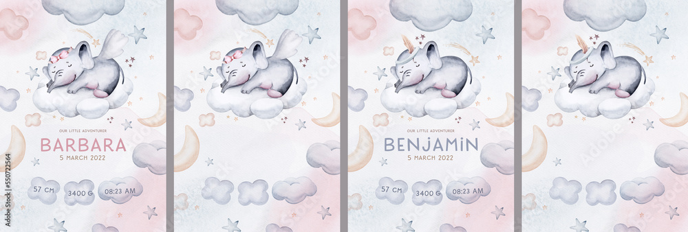 Watercolor hand drawn illustration of a cute baby elephant, sleeping on the moon and the cloud. Baby Shower Theme Invitation birthday Template