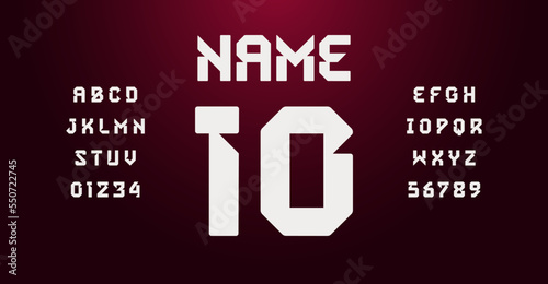 Football uniform typography. Sportswear font alphabet, modern letters numbers with bevel cutout. Typographic for shirts and jerseys of sports team headline logo lettering. Isolated vector typeset