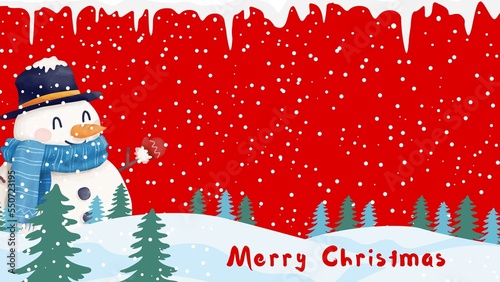 Christmas card or background. Colorful card with Christmas decoration and snowman.