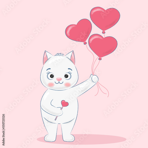 gray cat with balloons hearts in hand on a pink background vector