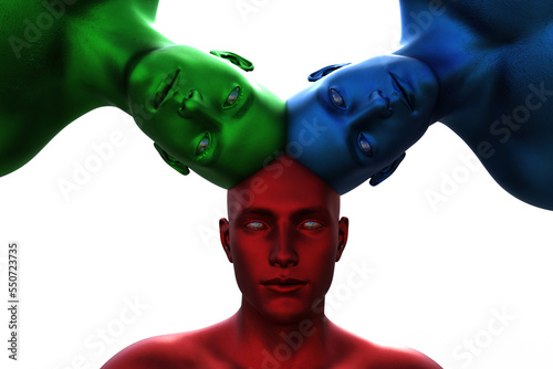 3d model. 3 multicolored male heads growing out of each other. group mind. 