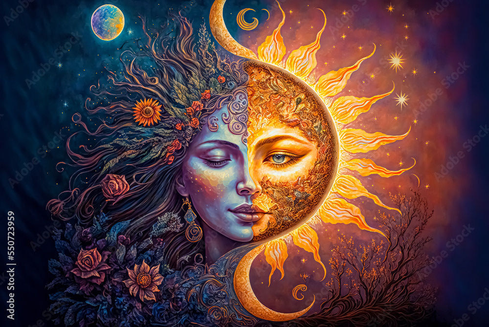 Fantastic magical fairy tale landscape with moon and sun. Day and night