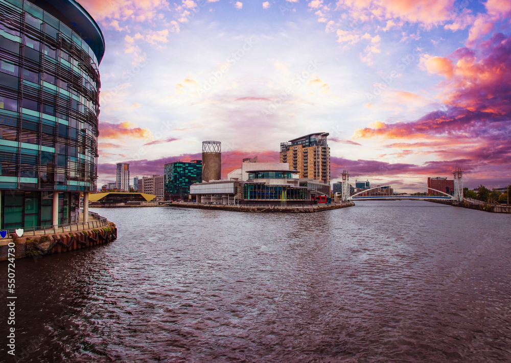 Fototapeta premium Sunset Evening Media City Salford Quays, Manchester England