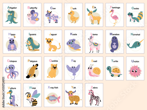 Childish animal alphabet from A to Z. Educational material for kids. Set of letter cards with animals for posters, cards, book.