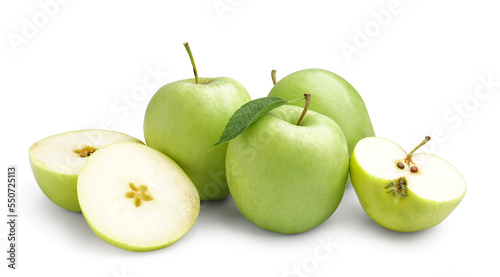 Ripe green apples on white background