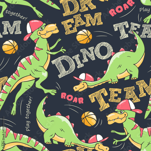 Fototapeta Naklejka Na Ścianę i Meble -  Vector seamless Dinosaur pattern. Dinosaur basketball player cool playing with the ball. Art illustration. Fan t-shirt design for kids. Vector print. Fashion illustration for clothes