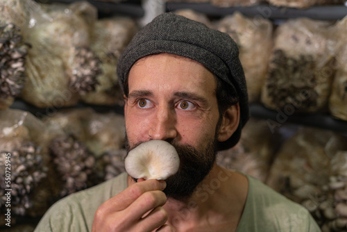 Portrait of young hispanic man sniffing oyster mushroom on the mushrooms farm
