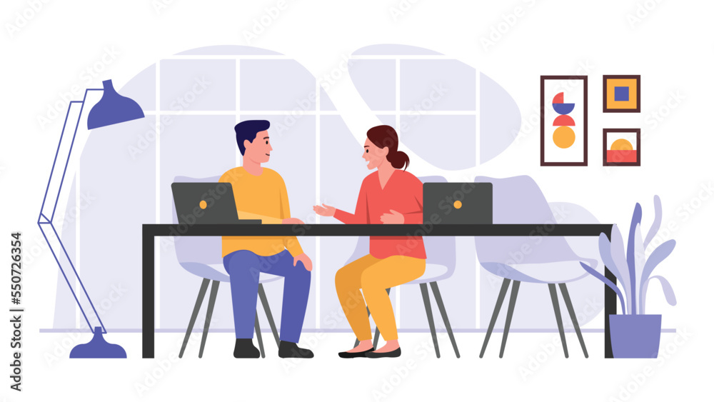 Vector illustration of coworking. Cartoon scene with guy and girl who are sitting and discussing work on white background.