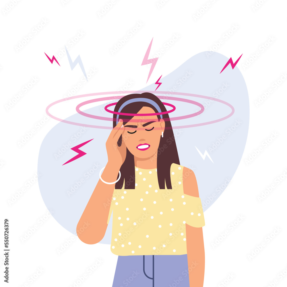 Vector illustration of headache. Cartoon scene with a girl with pain in the head and points of pain on white background. Vector illustration of headache. Cartoon scene with a girl with pain in the head and points of pain on white background.