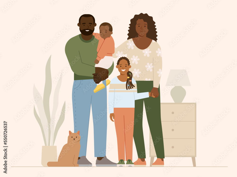 Full length portrait of black family. African american family with children, mother, father and pet. Flat vector illustration isolated