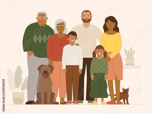 Full length portrait of multiracial family with children, mother, father, grandfather, grandmother and pets. Flat vector illustration isolated