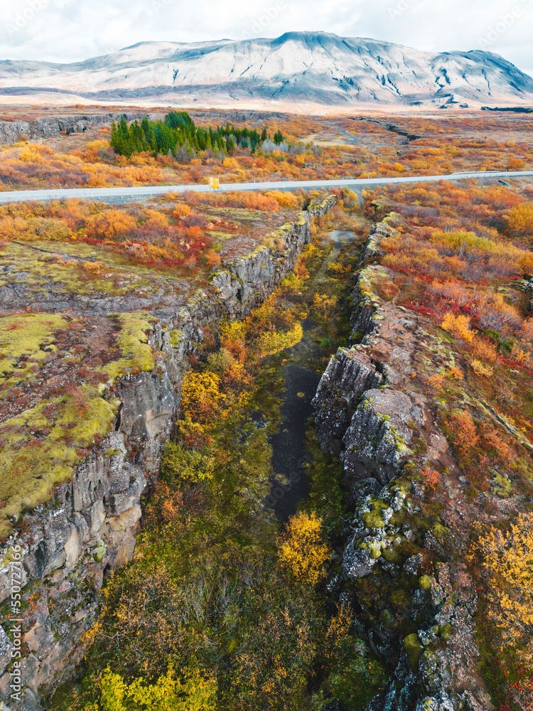 Autumn in Thingvellir National Park - Iceland. Tectonic plates visible on surface