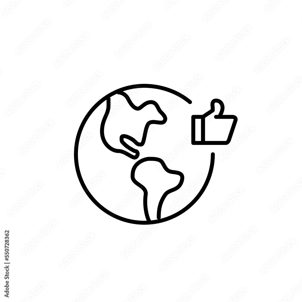 Worldwide customer approval. Planet Earth with thumbs-up symbol. Pixel perfect, editable stroke icon