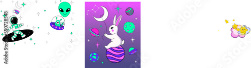 Cute astronaut cat travels in a space portal. vector vaporwave style illustration