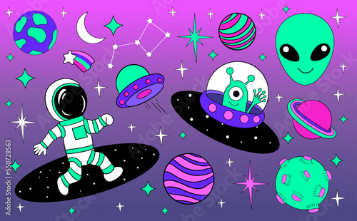 Astronauts and Alien in space cartoon vector illustration. Space travel and exploration.