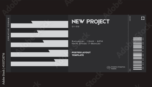 Ticket vector template layout with abstract  vector geometric shapes. Brutalism inspired graphics. Great for branding presentation, poster, cover, art, tickets, prints, etc.