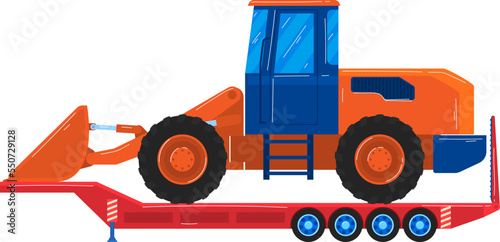 Trawl transport special traktor machines loading special equipment on truck vector. Transportation of oversized cargo