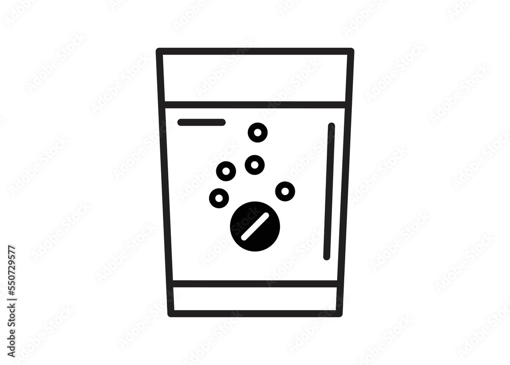 Effervescent pill dissolving into a cup of water. Simple illustration in black and white. Effervescent pill dissolving into a cup of water. Simple illustration in black and white.