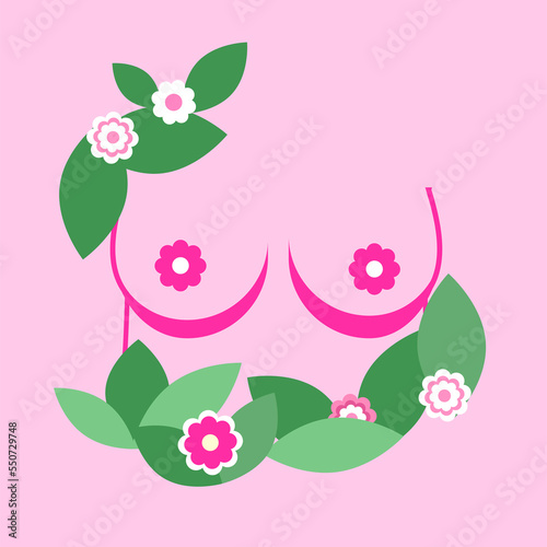 Miesiąc Świadomości Raka Piersi, ilustracja piersi z kwiatami na różowym tle, sutki w kształcie kwiatów, Różowy październik, ilustracja profilaktyki raka piersi w kształcie kwadratu, zdrowie kobiety