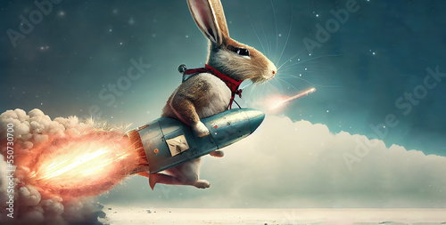 Rabbit Explorer on the Rocket. Card. Cartoon. Area for Christmas wishes. Area for New Year wishes. 
