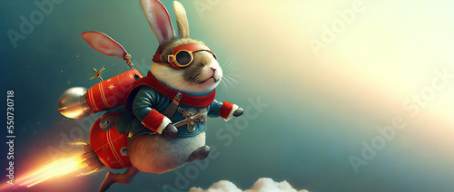Rabbit Explorer on the Rocket. Card. Cartoon. Area for Christmas wishes. Area for New Year wishes.  