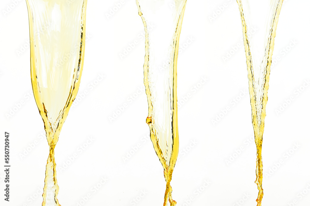 Orange, lemon juice or oil lubricant splash, liquid gold yellow drink drops. Fruit beverage water elements in line form . Fresh splashing and flowing jets, white background isolated freeze motion