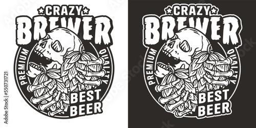 Beer print with skull and hop. Skeleton with hop in bone hands for brewery or bar. Craft beer vector logo or monochrome emblem for design label of pub and beer store