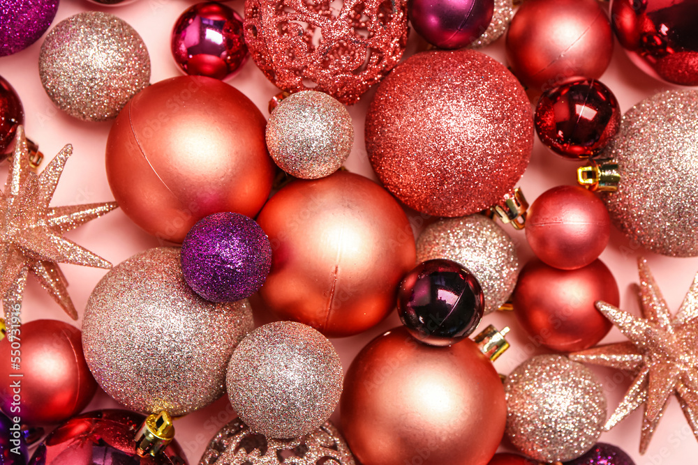 Beautiful Christmas balls on pink background, closeup Beautiful Christmas balls on pink background, closeup