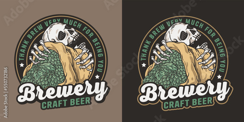 Beer emblem with skull and hop bag. Skeleton with hop in bone hands for brewery or bar. Craft beer vector logo for colored design label of pub and beer store