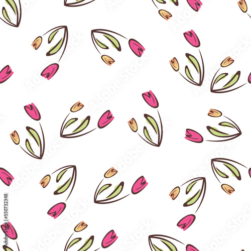 Elegant seamless pattern with tulip flowers, design elements. Floral pattern for invitations, cards, print, gift wrap, manufacturing, textile, fabric, wallpapers. Continuous line art style,