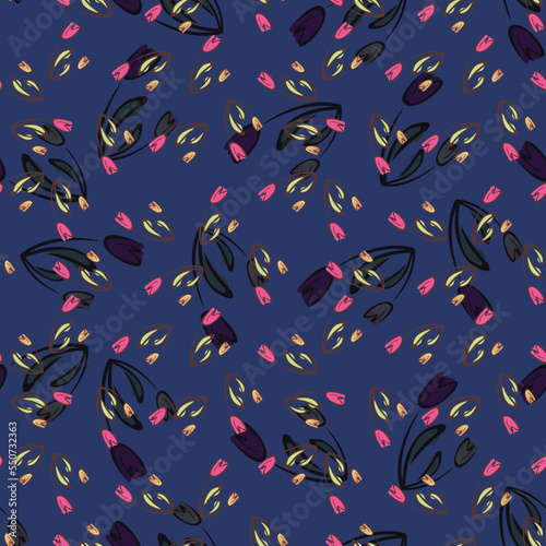 Elegant seamless pattern with tulip flowers, design elements. Floral pattern for invitations, cards, print, gift wrap, manufacturing, textile, fabric, wallpapers. Continuous line art style,