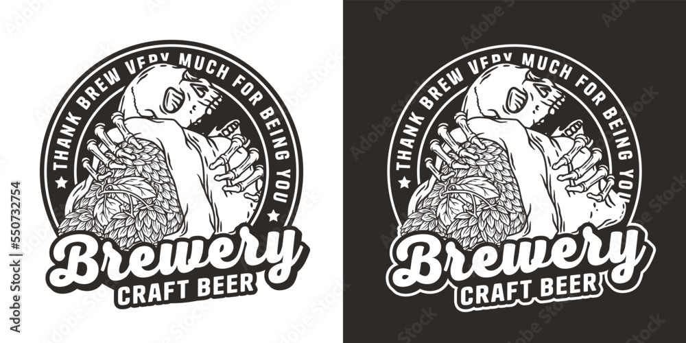 Obraz premium Beer emblem with skull and hop bag. Skeleton with hop in bone hands for brewery or bar. Craft beer vector logo for monochrome design label of pub and beer store
