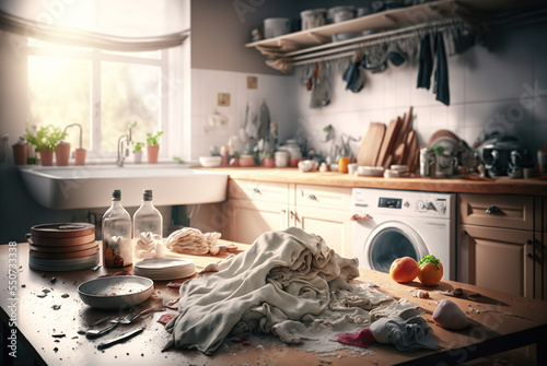 very messy unorganized and dirty kitchen