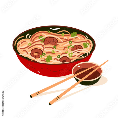 Funchoza noodles, glass chinese noodles. A dish of Asian cuisine. vector illustration.